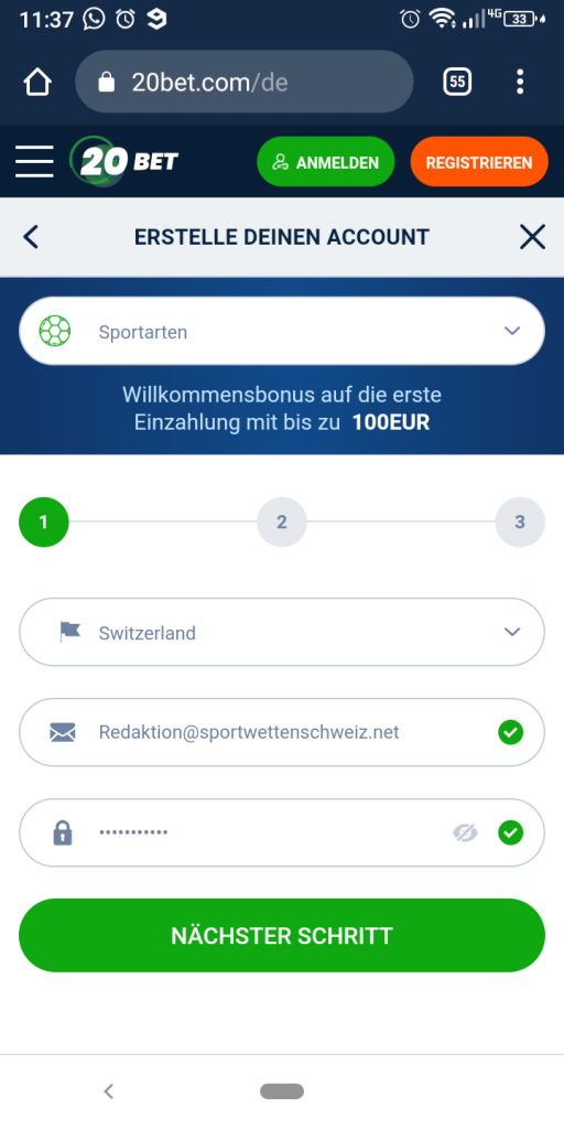 20Bet Bonus Registrierung Schritt 1