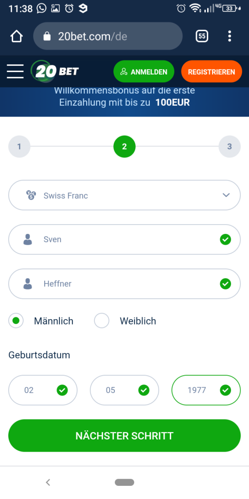20Bet Bonus Registrierung Schritt 2