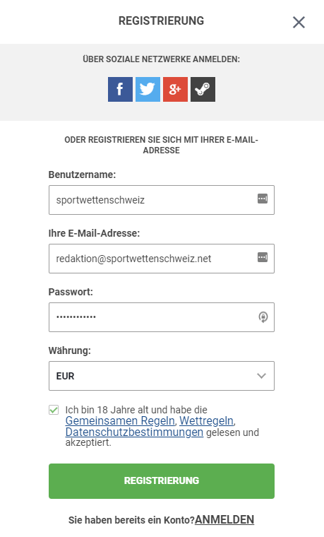 GGbet Schweiz Registrierung