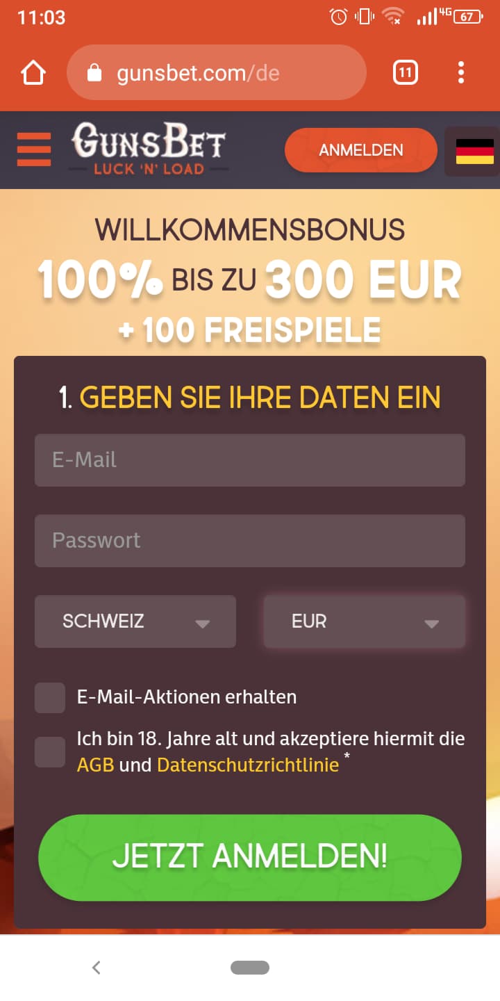 Gunsbet Anmeldung Schritt 1
